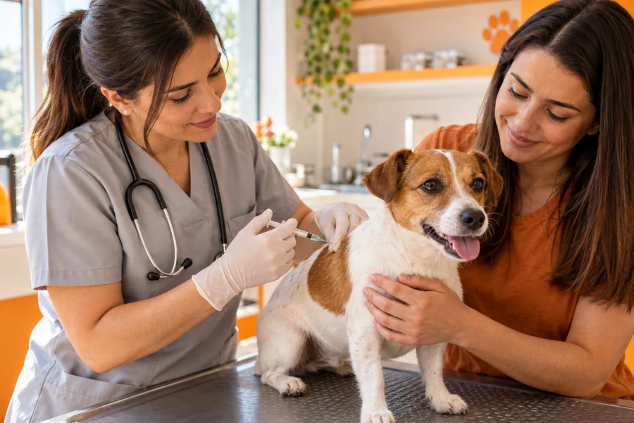 Vacinação de um cão por veterinário — imagem ilustrativa